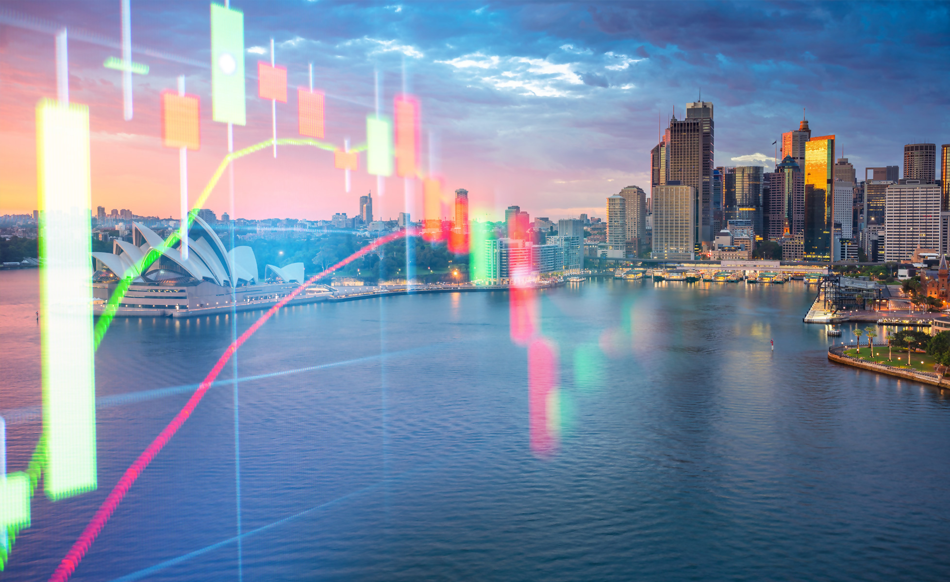 Australia city skyline with financial data